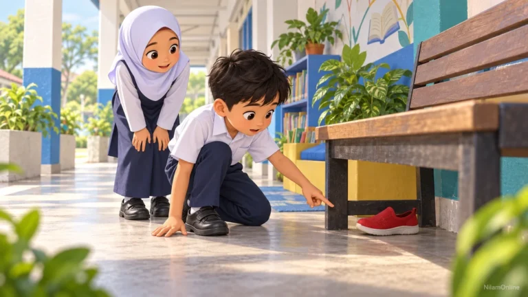 Adam dan Sara menjumpai sebelah kasut merah di bawah bangku sekolah.