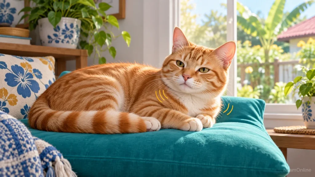 Kucing jingga berehat di atas kusyen hijau kebiruan berhampiran tingkap.