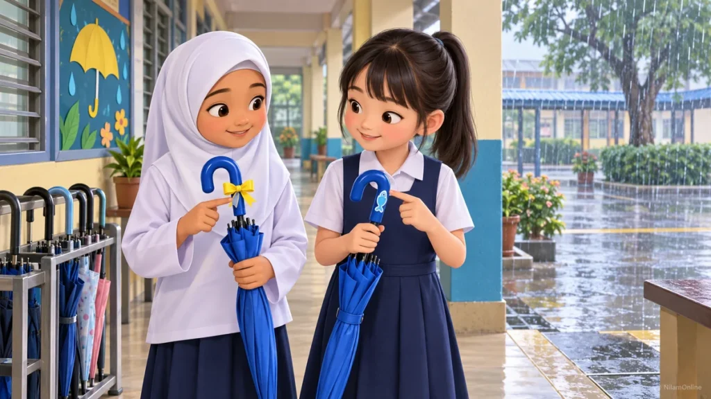 Hana menunjukkan reben kuning pada payungnya, manakala Mei menunjukkan pelekat ikan pada payung biru yang lain.