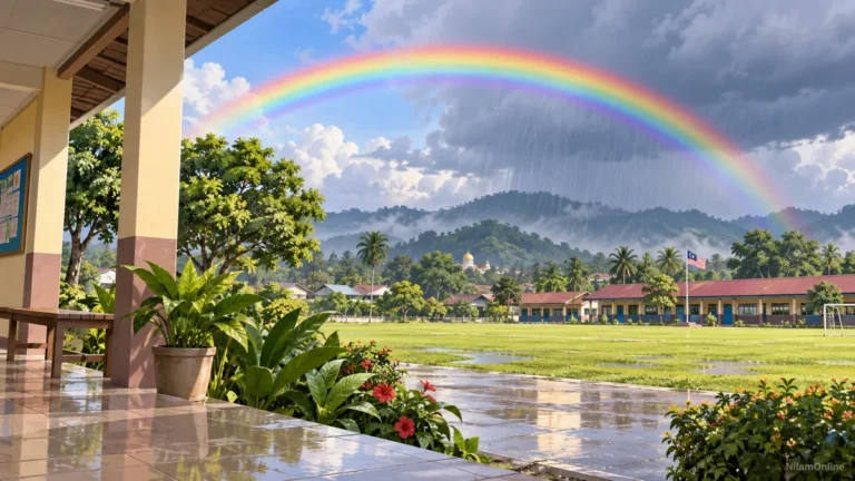 Pelangi utama melengkung di atas kawasan sekolah selepas hujan, dengan merah di luar dan ungu di dalam.