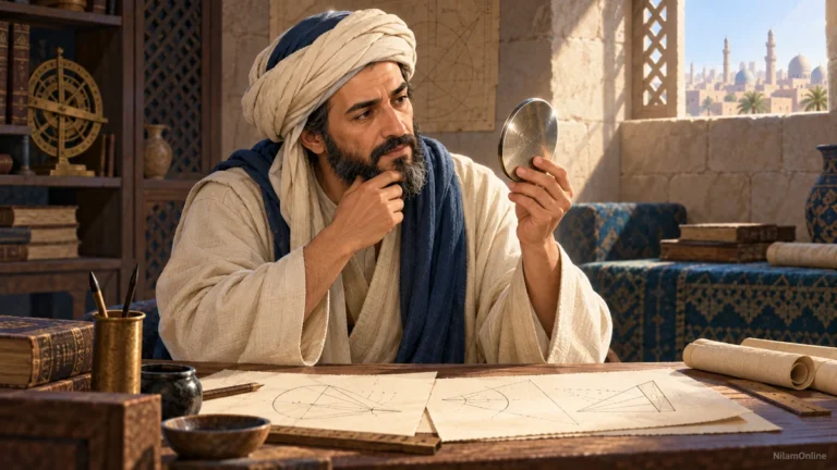 Ilustrasi imaginatif Ibn al-Haytham meneliti cermin logam di meja yang mempunyai lakaran geometri.