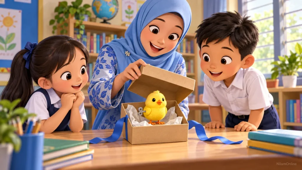 Lina dan Amir melihat cikgu membuka kotak beriben biru yang berisi anak ayam mainan berkunci putar.