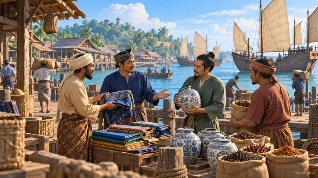 Gambaran imaginatif pelabuhan Melaka zaman kesultanan, dengan kapal layar kayu, pedagang, kain dan bekas seramik.