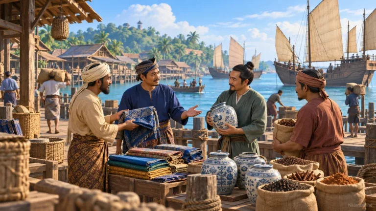 Gambaran imaginatif pelabuhan Melaka zaman kesultanan, dengan kapal layar kayu, pedagang, kain dan bekas seramik.
