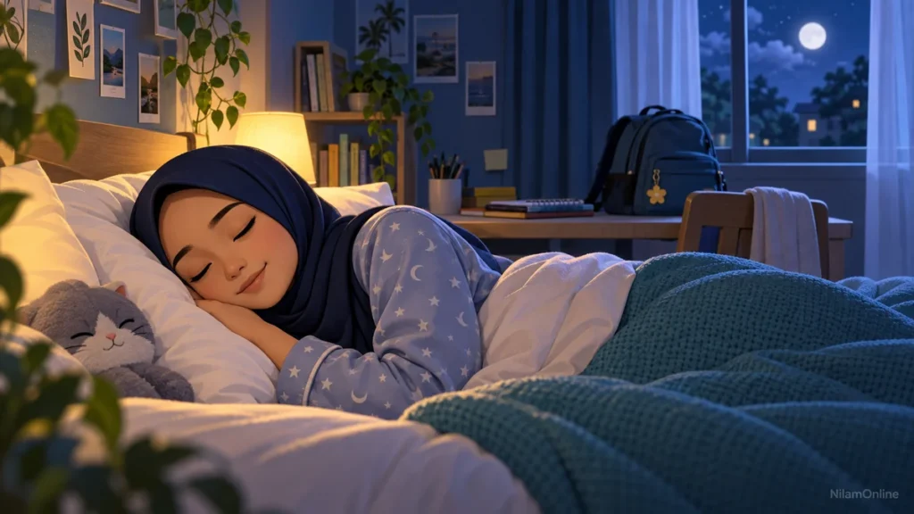 A teenager sleeping peacefully in a quiet bedroom, with a closed notebook and a packed schoolbag nearby.