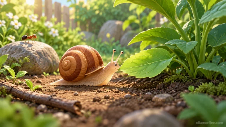 Si Siput mencapai daun rendah di tepi batu, sementara Semut memerhati dari atas batu.