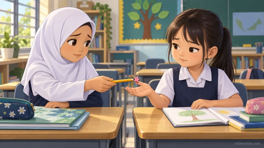 Hana memulangkan pensel kuning berpemadam bintang kepada Mei di dalam kelas.