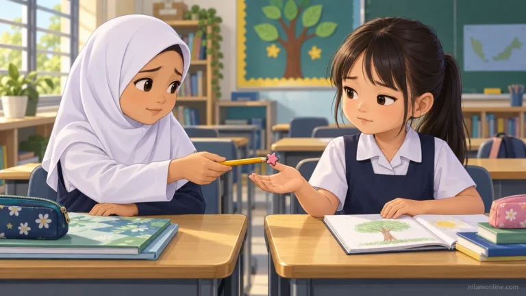 Hana memulangkan pensel kuning berpemadam bintang kepada Mei di dalam kelas.