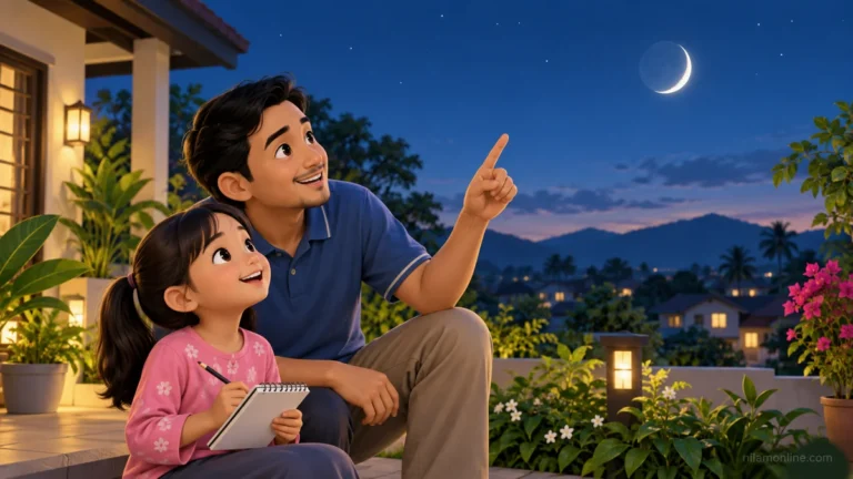 Seorang kanak-kanak bersama orang dewasa memerhati Bulan sabit sambil memegang buku catatan di laman rumah.
