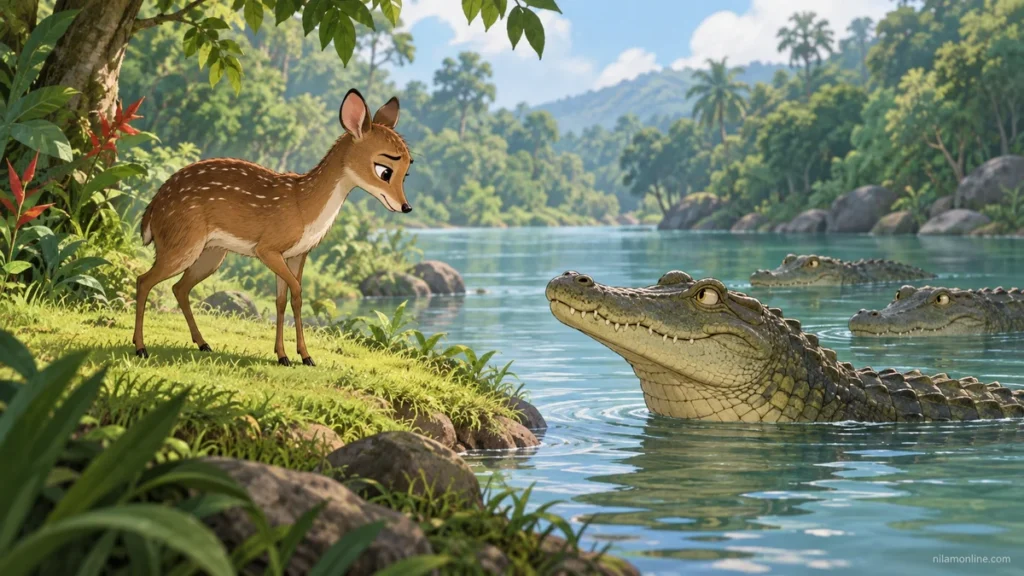Sang Kancil berdiri di tebing dan berbual dengan Buaya yang berada di dalam sungai; dua buaya lain kelihatan di belakang.