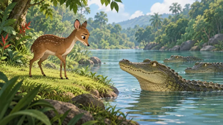 Sang Kancil berdiri di tebing dan berbual dengan Buaya yang berada di dalam sungai; dua buaya lain kelihatan di belakang.