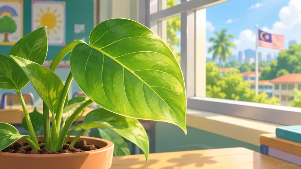 Daun hijau pada tumbuhan dalam pasu menerima cahaya di tepi tingkap kelas.