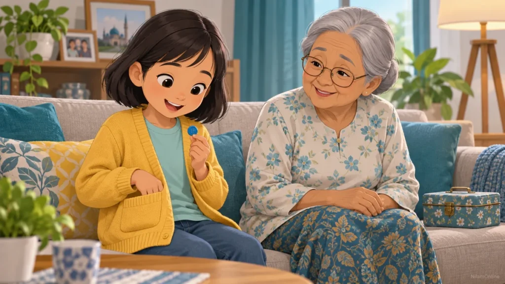 Nina holds a blue button beside Gran on the sofa, with her yellow cardigan pocket open.