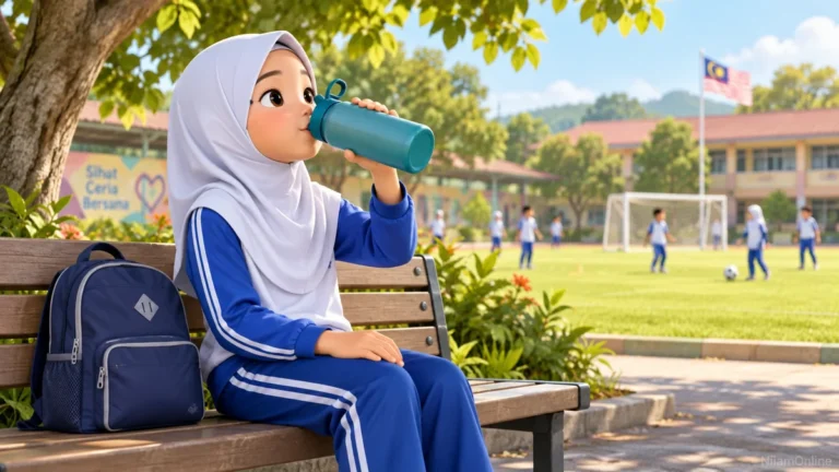 Seorang murid berehat di bangku teduh sambil minum air daripada botol boleh guna semula.