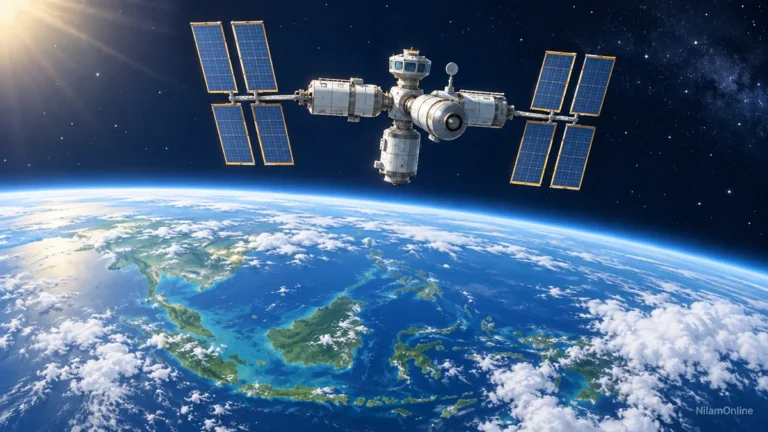 Ilustrasi sebuah stesen angkasa dengan panel suria di orbit di atas Bumi.