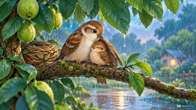 Pipit berteduh rapat dengan ibunya di dahan pokok jambu ketika hujan.