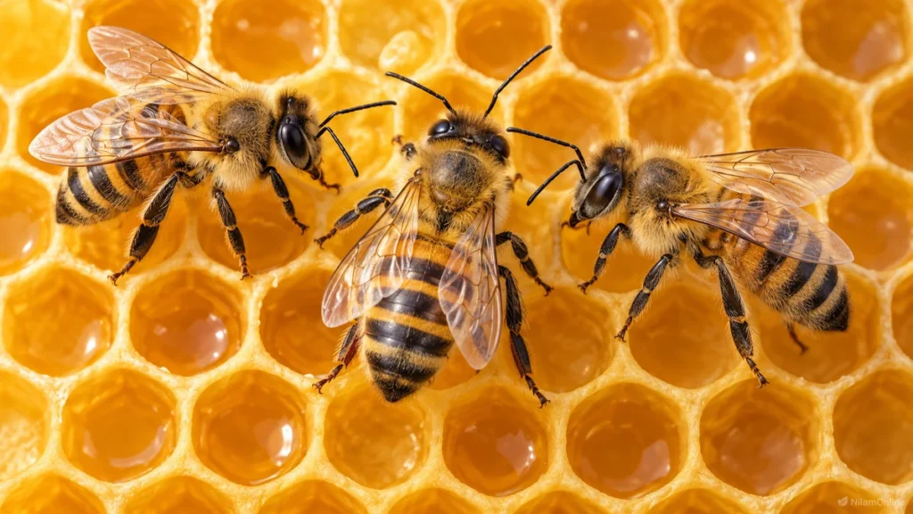 Three honey bees face one another on golden honeycomb in an educational illustration.