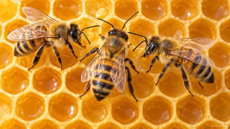 Three honey bees face one another on golden honeycomb in an educational illustration.