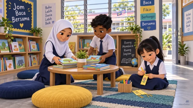 Tiga murid menyediakan buku dan penanda buku di sudut bacaan kelas.