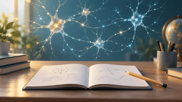 Ilustrasi konsep rangkaian neuron di atas buku nota terbuka sebagai gambaran pembelajaran.