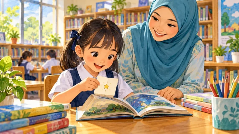 Mira memegang nota bergambar bintang di atas buku terbuka, ditemani Cikgu Liza di perpustakaan.