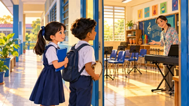 Hana memegang fail biru di pintu bilik muzik bersama Vikram, sementara Cikgu Farah menyambut mereka.