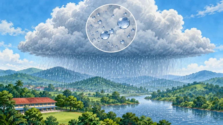 Awan hujan di atas sungai dan bukit, dengan pembesaran konsep titisan kecil yang bergabung di dalam awan.