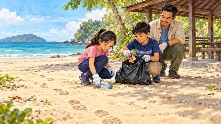 Aina dan Jason memakai sarung tangan serta kasut ketika mengutip sampah berhampiran pondok pantai, diawasi ayah.