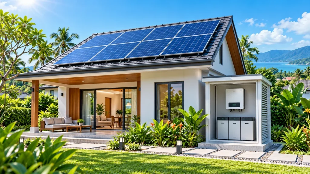 Ilustrasi konsep rumah tropika dengan panel suria di bumbung serta peralatan inverter dan kabinet bateri bersebelahan.