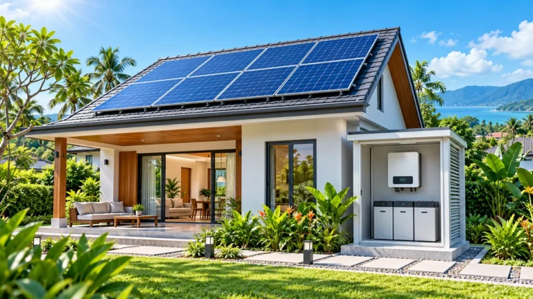 Ilustrasi konsep rumah tropika dengan panel suria di bumbung serta peralatan inverter dan kabinet bateri bersebelahan.