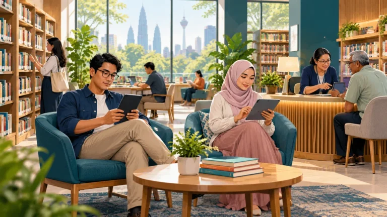 Concept illustration of adult readers using tablets in a welcoming library, with a librarian assisting another reader at a nearby desk.
