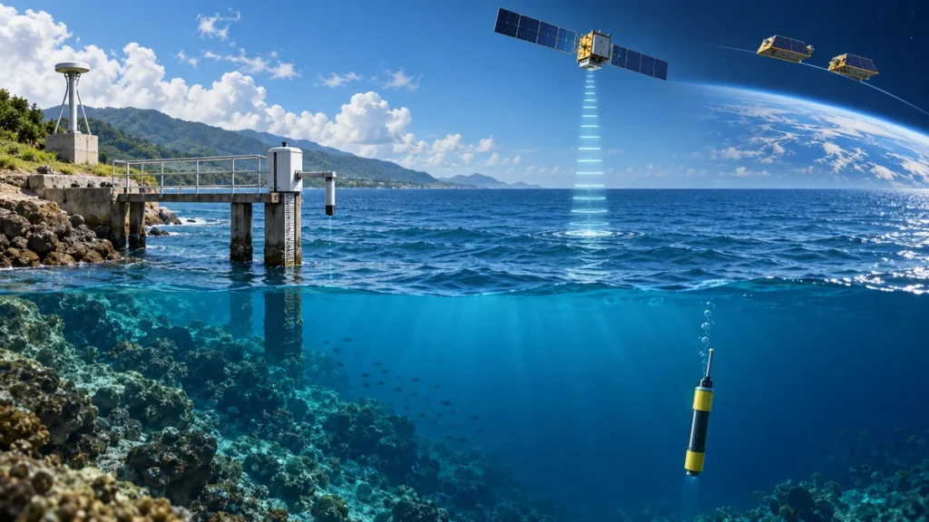 Tolok pasang surut, GNSS, satelit altimetri, Argo dan GRACE-FO digunakan bersama untuk mengukur perubahan paras laut.