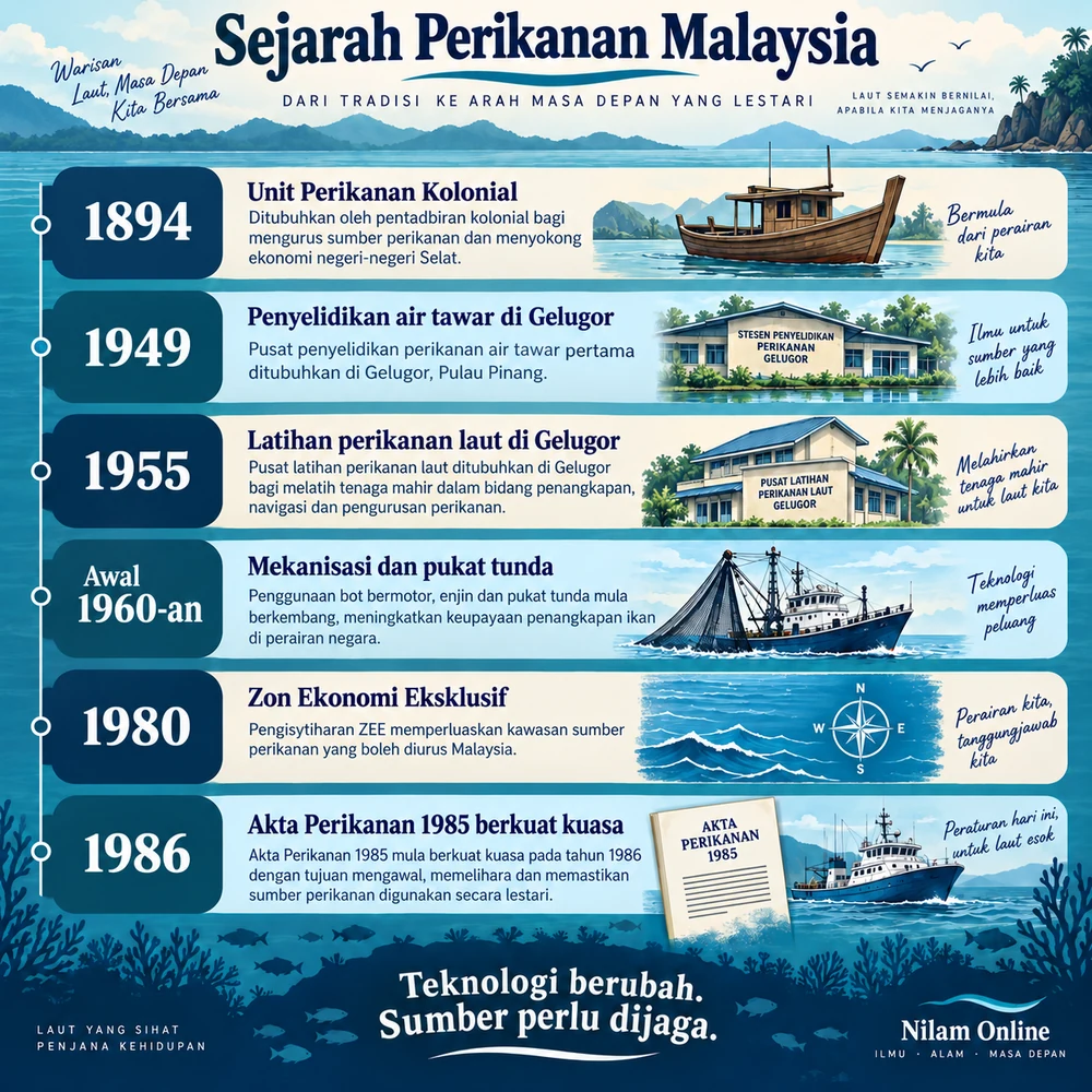 Garis masa sejarah perikanan Malaysia: 1894, 1949, 1955, awal 1960-an, 1980 dan 1986.