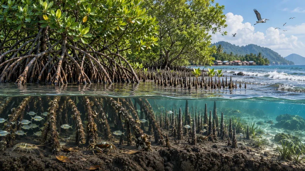 Hutan bakau dengan akar jangkang, akar nafas, anak ikan dan ketam di pesisir.