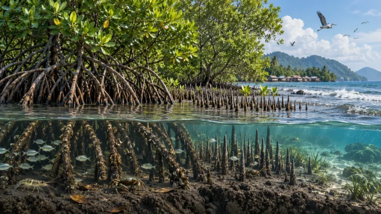 Hutan bakau dengan akar jangkang, akar nafas, anak ikan dan ketam di pesisir.