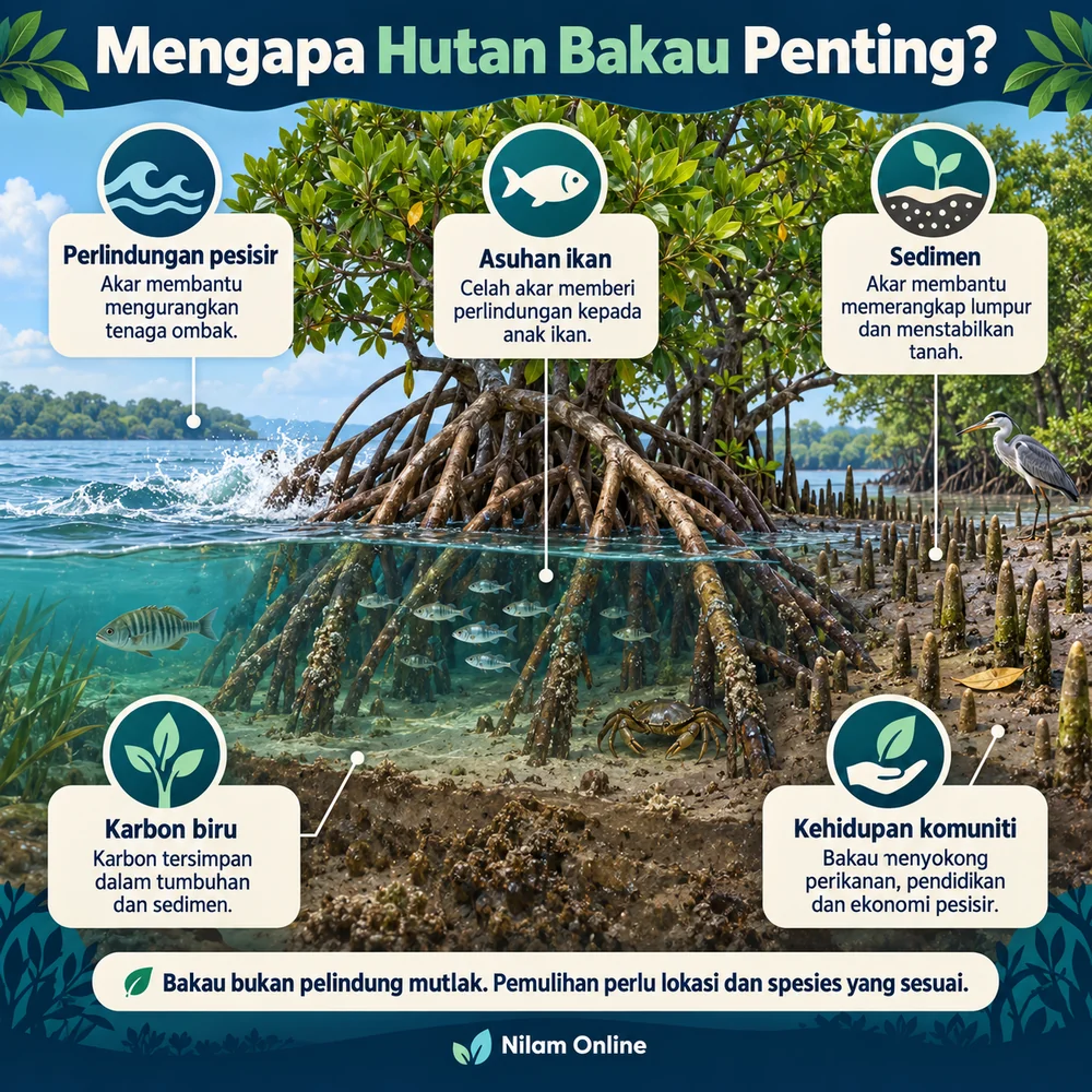 Infografik lima fungsi hutan bakau: perlindungan pesisir, asuhan ikan, sedimen, karbon biru dan kehidupan komuniti.
