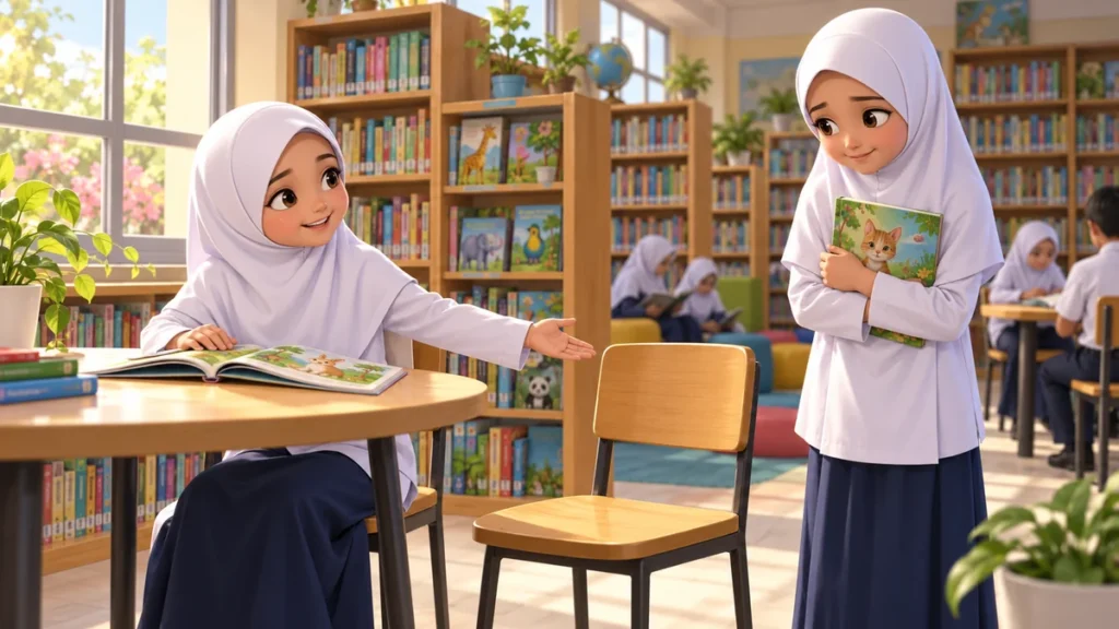 Aisyah menawarkan kerusi kosong di perpustakaan kepada Hana, murid baharu yang sedang mencari tempat duduk.