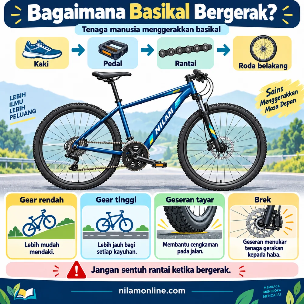 Infografik perjalanan tenaga daripada kaki melalui pedal dan rantai ke roda belakang, serta fungsi gear, geseran tayar dan brek.