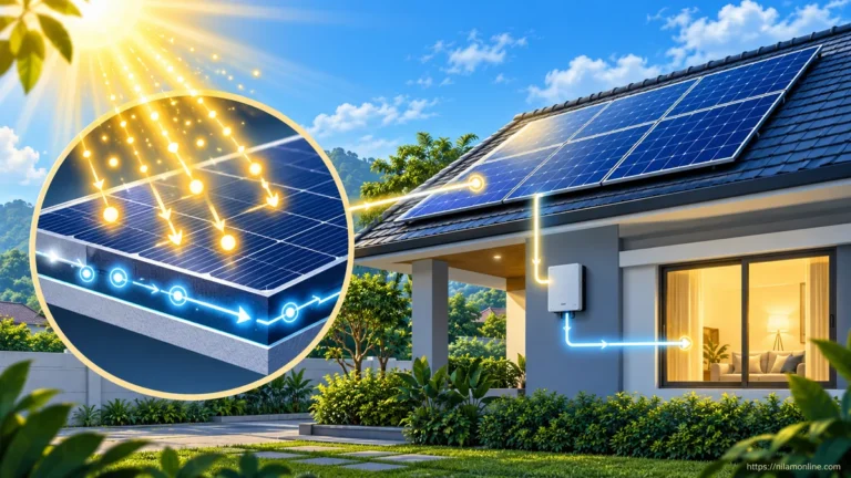 Cahaya Matahari diserap oleh sel suria silikon dan ditukarkan kepada elektrik DC sebelum inverter membekalkannya sebagai elektrik AC untuk kegunaan rumah.
