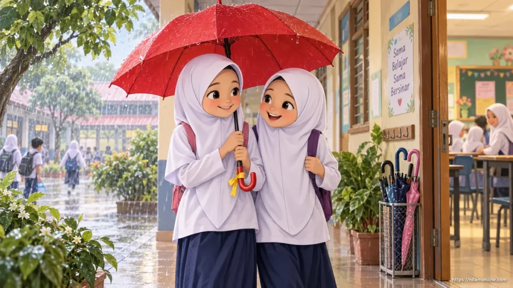 Sara memegang payung merah dengan reben kuning di hadapan kelas sambil berkongsi kegembiraan bersama rakannya.