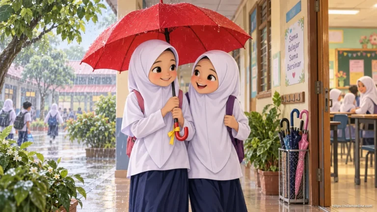 Sara memegang payung merah dengan reben kuning di hadapan kelas sambil berkongsi kegembiraan bersama rakannya.
