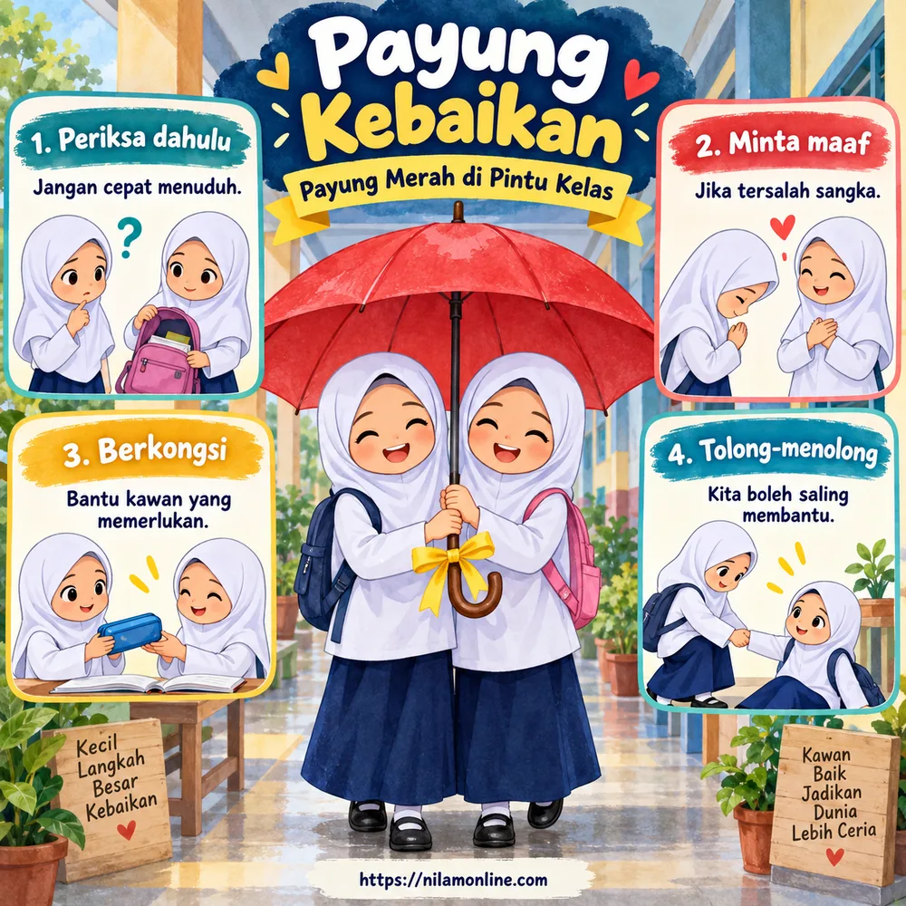 Infografik Payung Kebaikan: periksa dahulu, minta maaf jika tersalah sangka, berkongsi dan saling membantu.