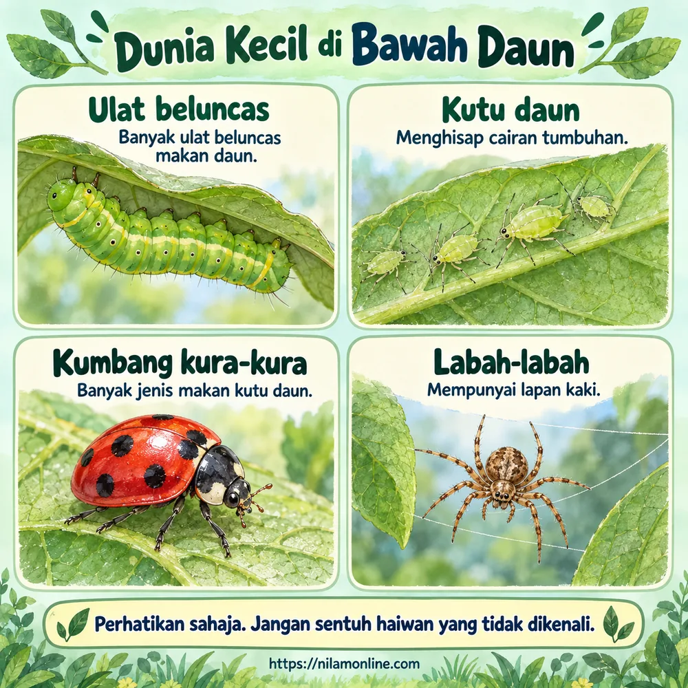 Infografik tentang makanan ulat beluncas, kutu daun dan kumbang kura-kura serta lapan kaki labah-labah.