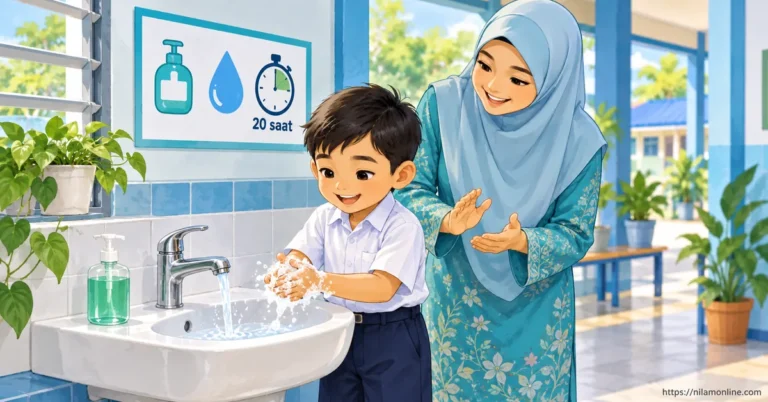 Adam membasuh tangan dengan sabun di singki sekolah sambil dibimbing guru tentang kepentingan menjaga kebersihan diri.