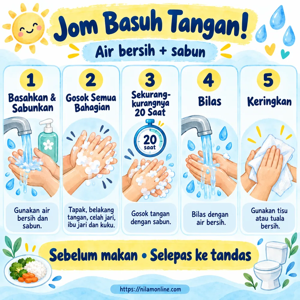 Infografik lima panduan membasuh tangan dengan air bersih dan sabun, termasuk menggosok sekurang-kurangnya 20 saat.