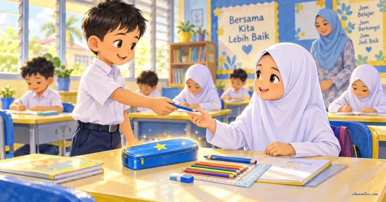 Haris berkongsi pensel dengan Sara di dalam kelas sambil kotak pensel biru bergambar bintang kuning terletak di atas meja.