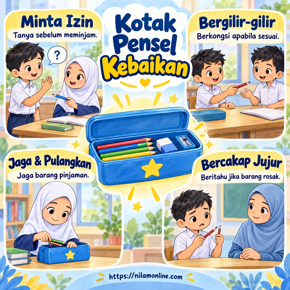 Infografik cara meminjam dan berkongsi alat tulis, menjaga barang serta bercakap jujur.