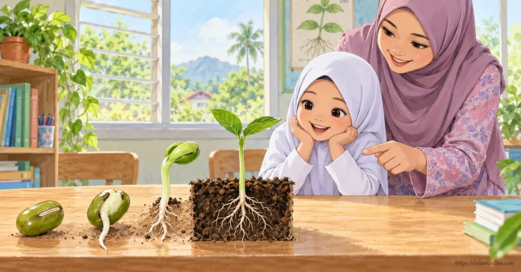 Empat peringkat pertumbuhan kacang hijau daripada biji kepada akar, pucuk dan anak pokok berdaun.