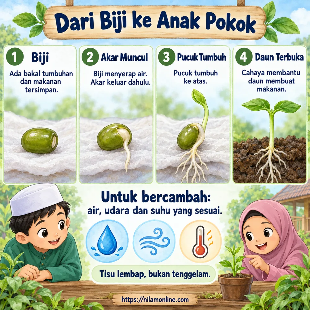 Infografik percambahan kacang hijau: biji, akar, pucuk dan daun serta keperluan air, udara dan suhu sesuai.