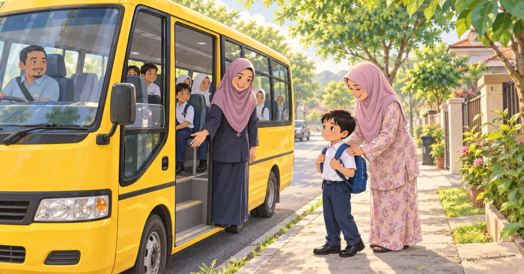 Aiman ditemani ibunya ketika pertama kali menaiki bas sekolah kuning dan disambut oleh pengiring bas yang mesra.